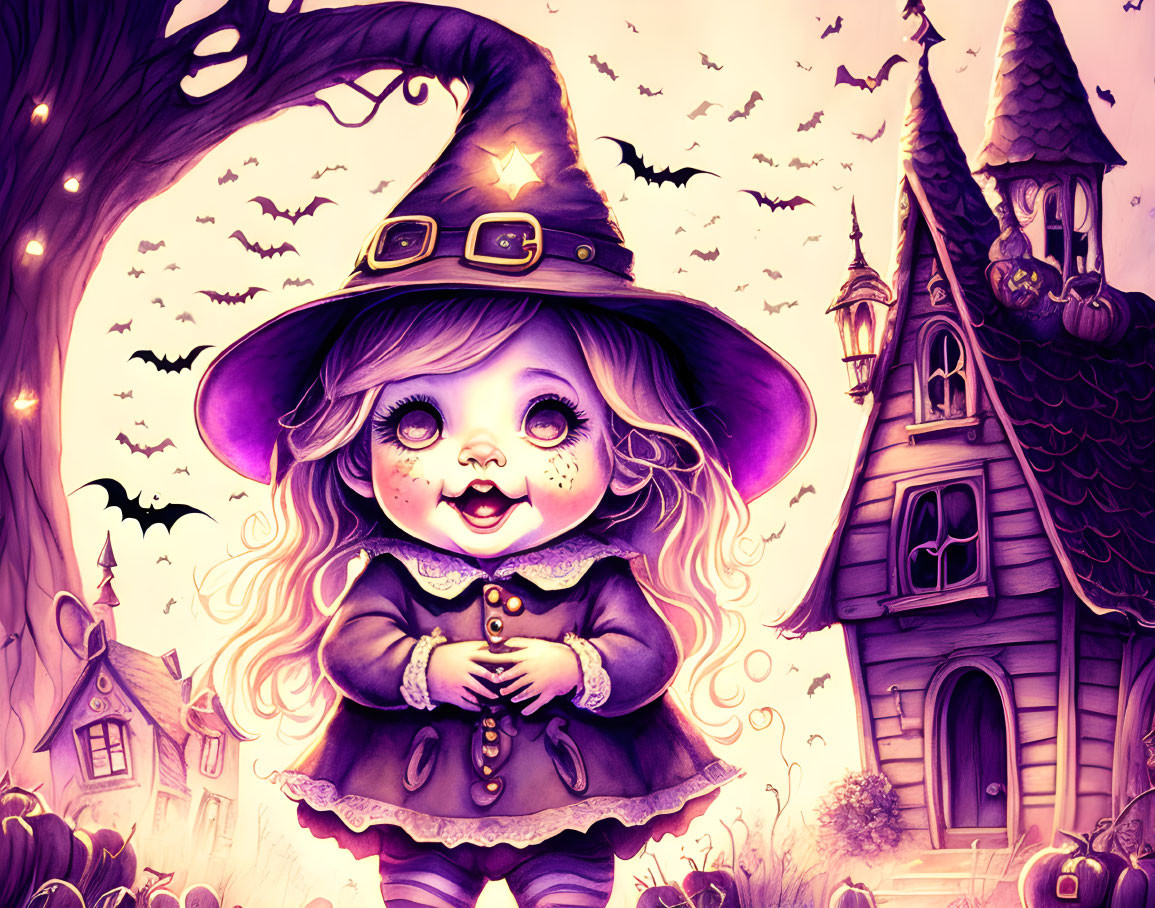 Young witch with big eyes in front of spooky tree and house.