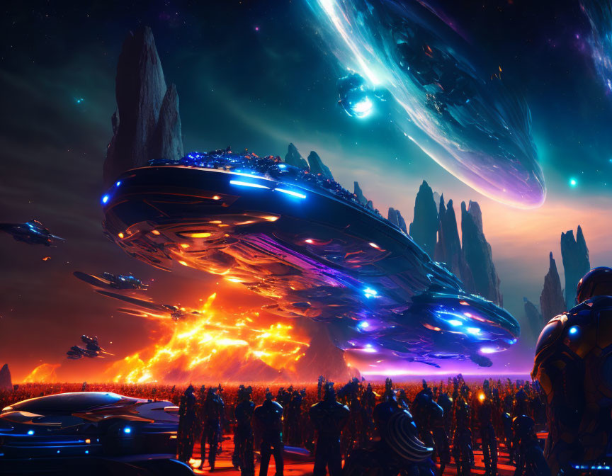 Alien planet with spaceships, beings, and fiery explosions