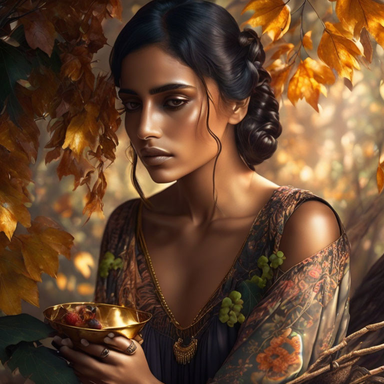 Dark-haired woman with tattoos holding gold bowl in autumn setting