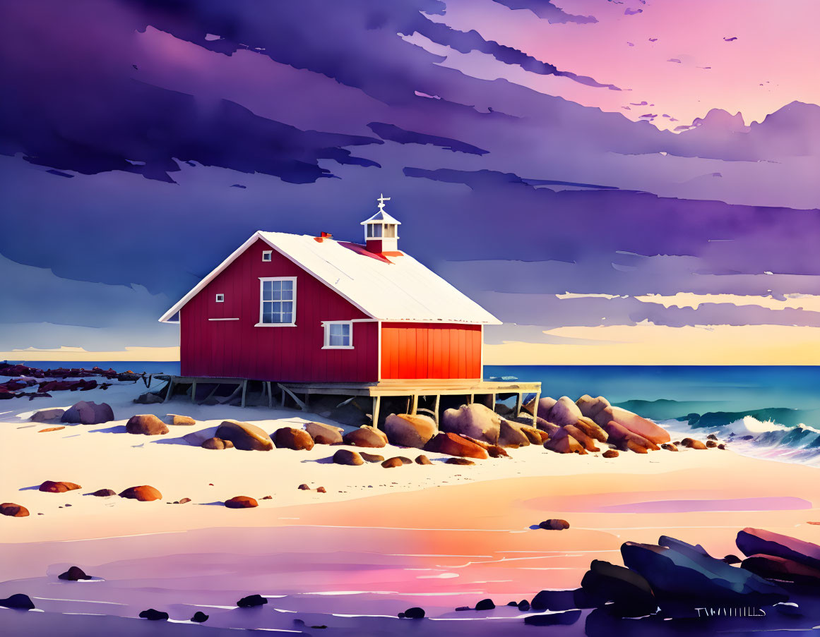 Colorful illustration: Red house with white roof and lighthouse on stilts by rocky shore under purple