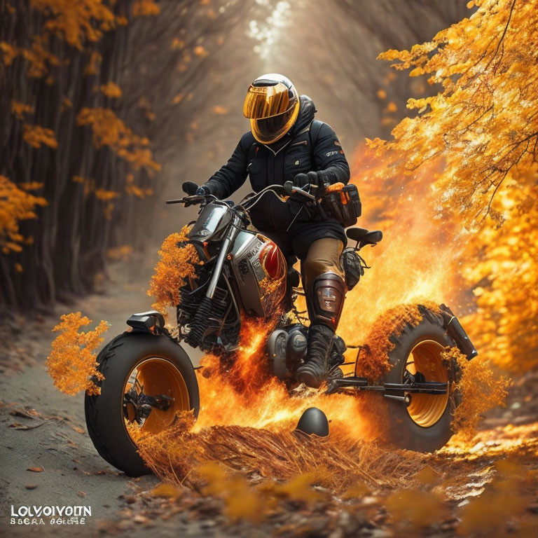 Custom motorcycle rider in black suit with golden helmet on fiery wheels through autumn forest.