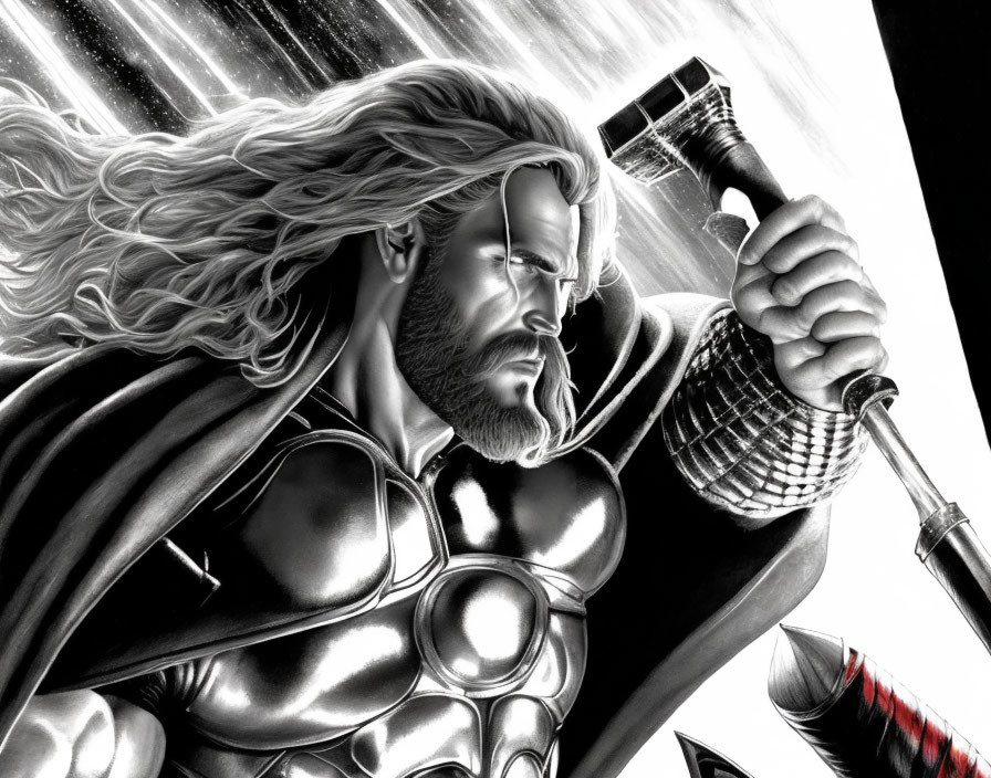 Monochrome illustration of muscular man with hammer in cosmic backdrop