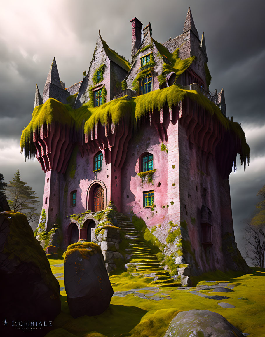 Pink castle with overgrown greenery under dramatic sky