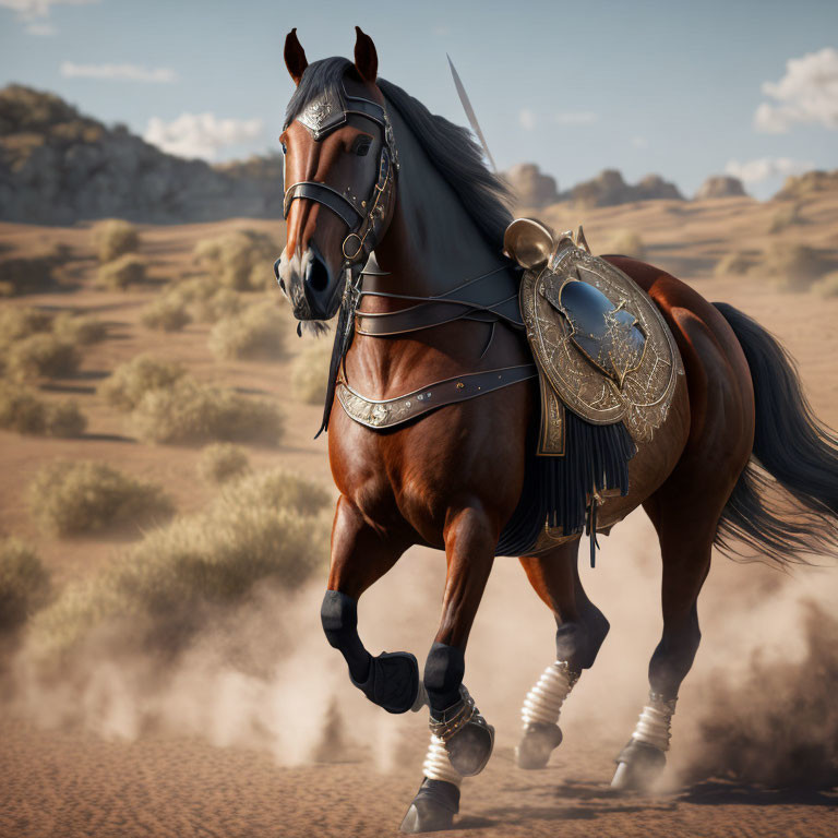 Majestic brown horse in intricate armor galloping across sandy landscape