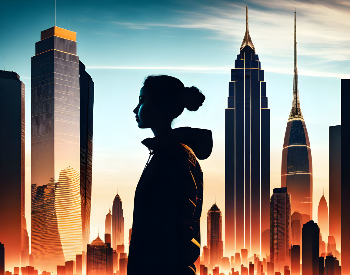 Woman's silhouette with bun hairstyle against urban sunset skyline