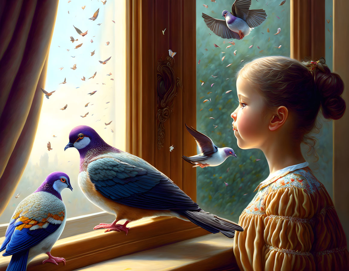 Young girl in vintage dress watching pigeons by window in sunlight.