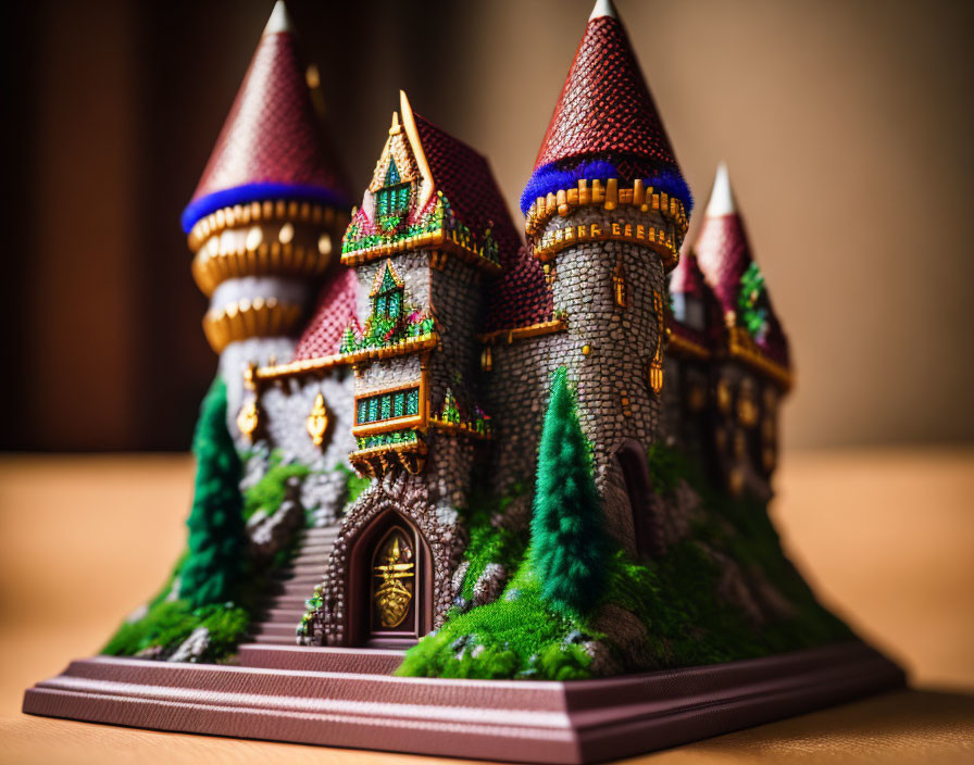 Colorful Fairy-Tale Castle Model with Detailed Towers on Wooden Surface