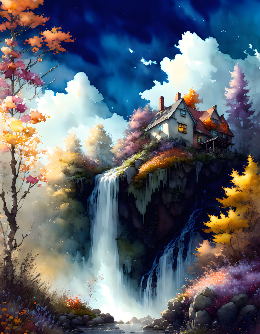 Cottage on waterfall with autumn trees under starlit sky