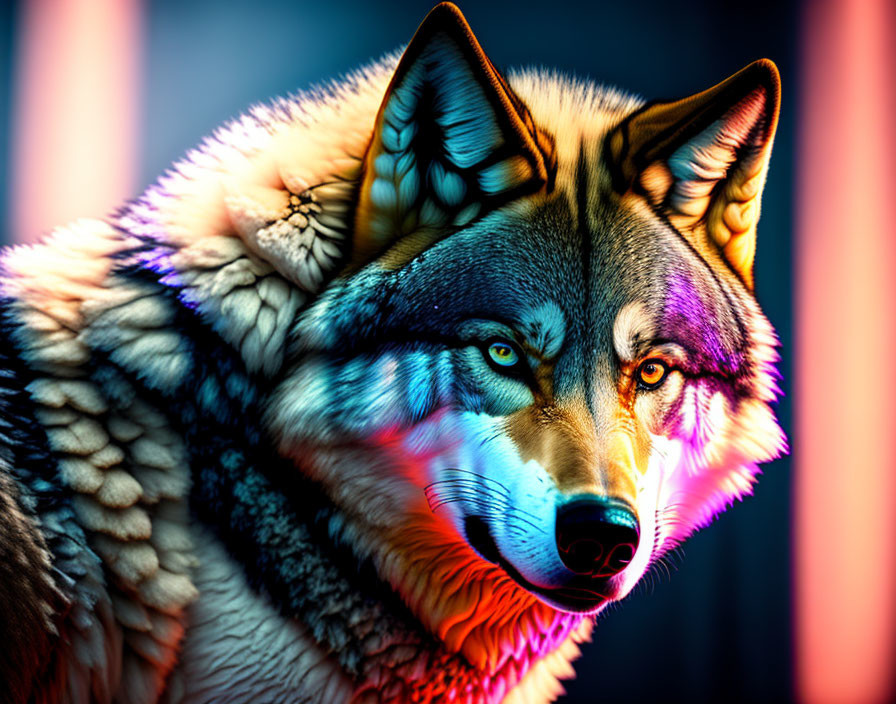 Vibrant blue and orange digital wolf artwork with abstract background