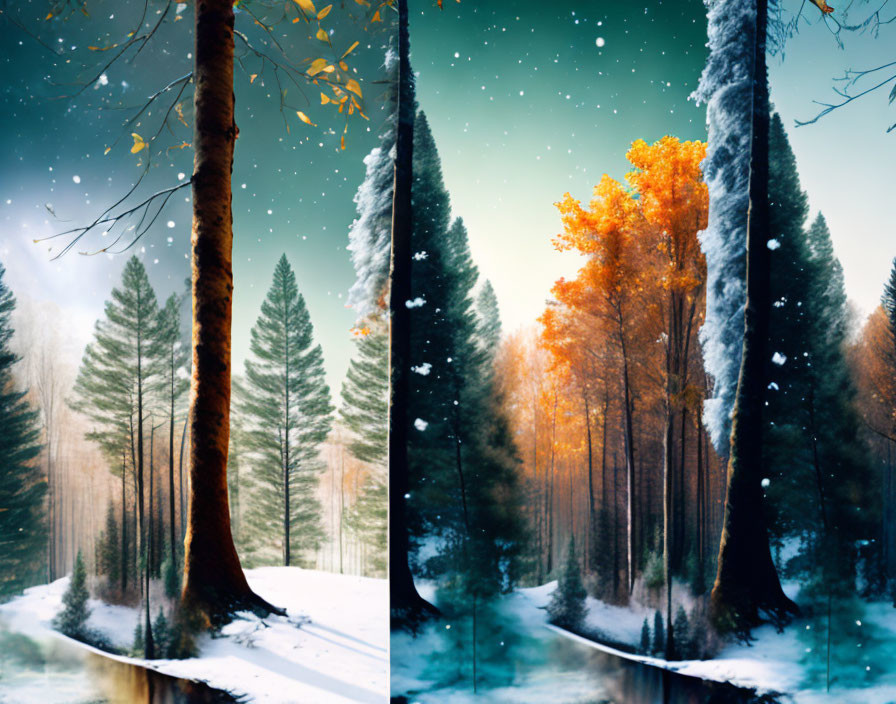 Split image: Autumn forest transitions to winter scene