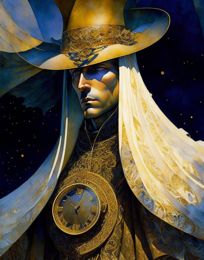 Illustrated character in ornate golden headgear and clock chest under starry sky