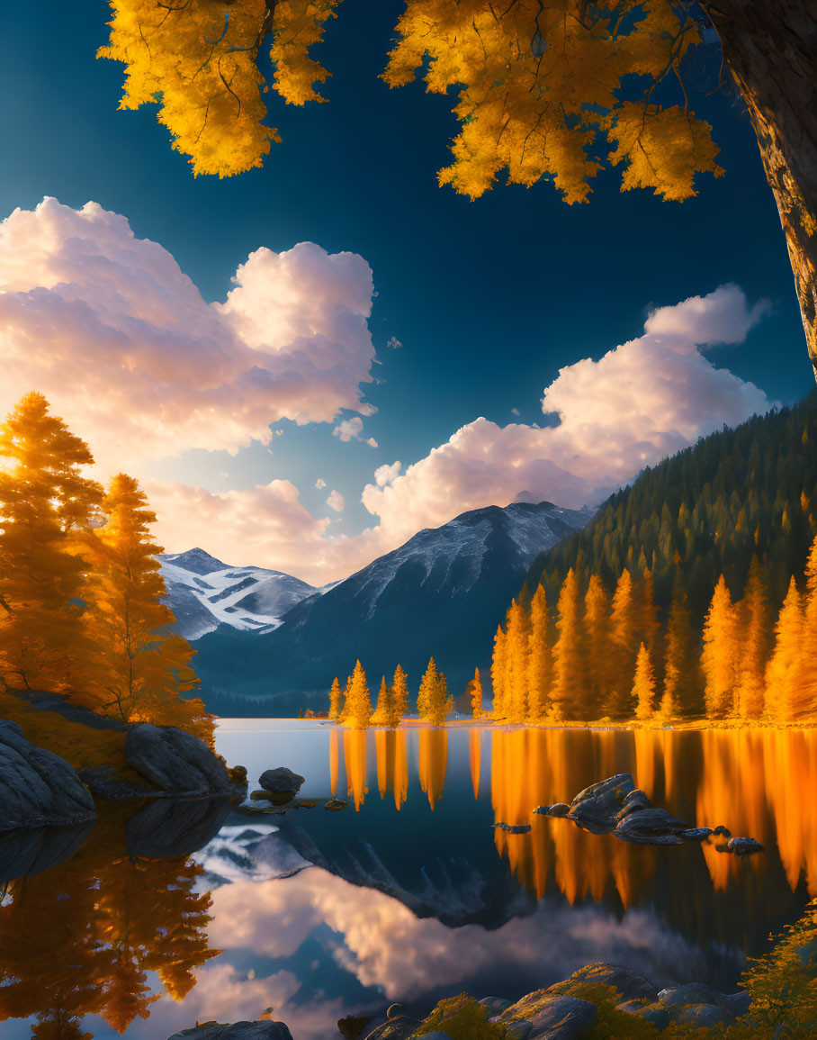 Tranquil autumn lake with golden foliage, mirrored under blue sky