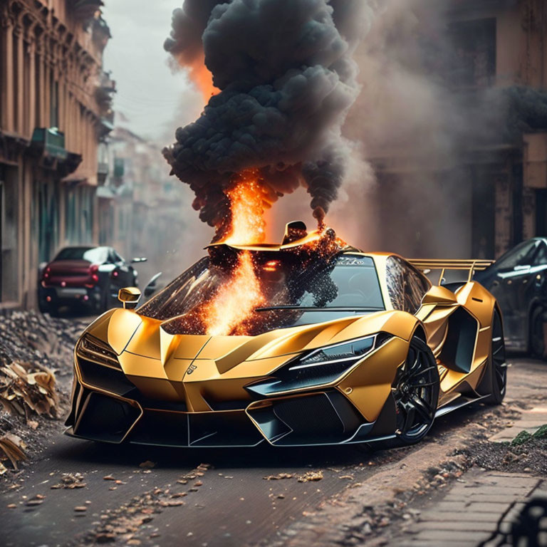 Burning golden sports car with armor plating design in urban setting