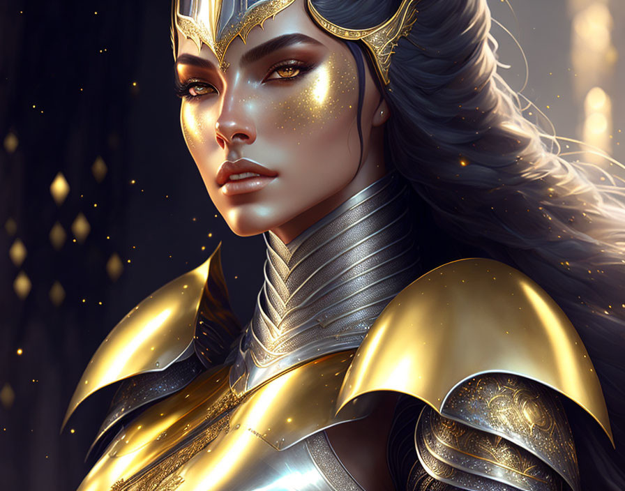 Detailed close-up of warrior woman in golden armor with intricate designs.