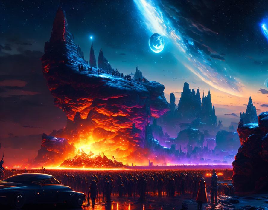 Futuristic landscape with hovering car, lava river, and celestial bodies