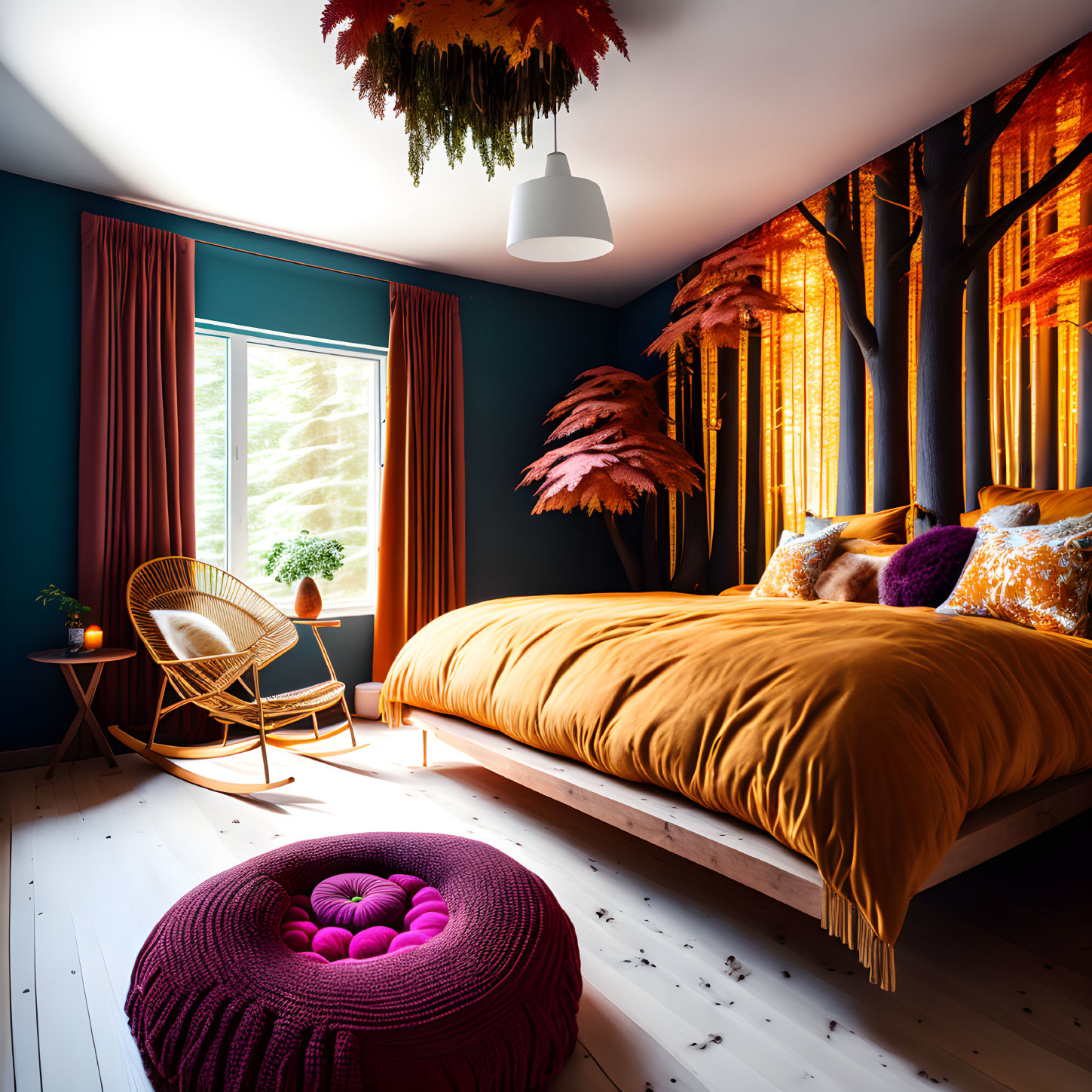 Forest Wallpaper Bedroom with Mustard Bedspread & Maroon Curtains