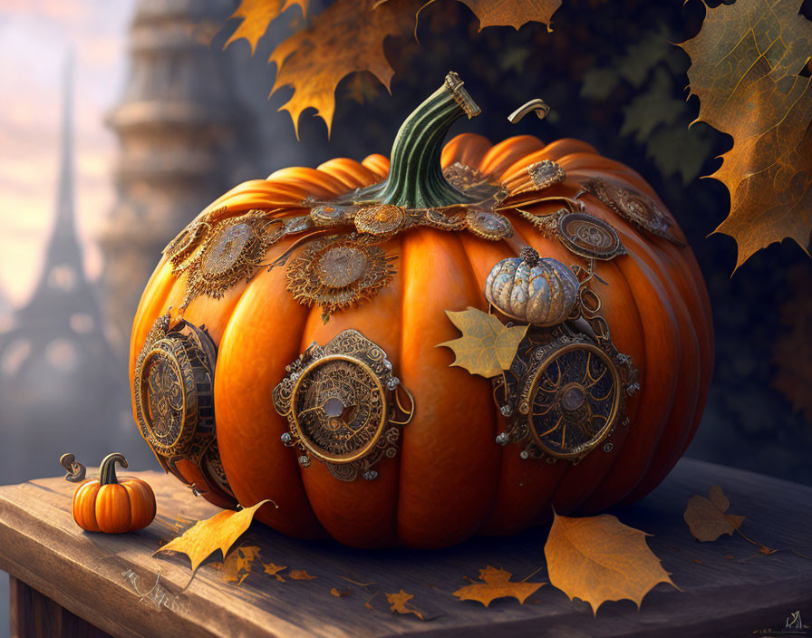 Ornate pumpkin with metal decorations among fallen leaves