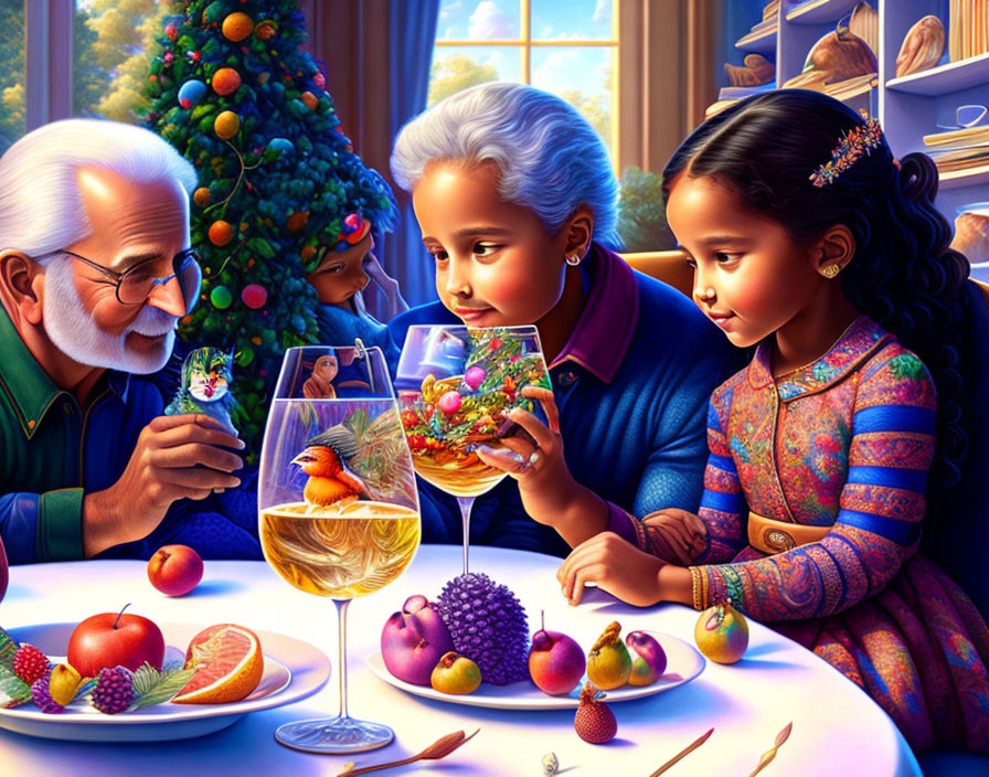 Elderly man and two young girls at festive table with Christmas tree and fruits.