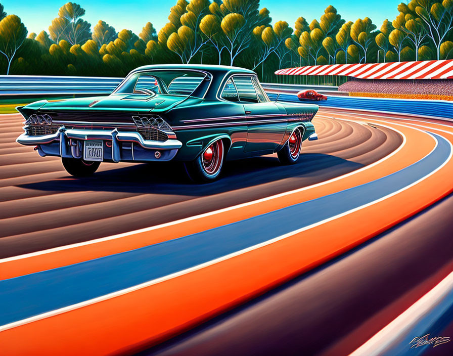 Vintage Teal Car Illustration on Curved Racetrack with Trees & Blue Sky