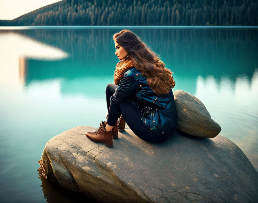 Woman sitting on large rock by calm lake surrounded by forested hills at late afternoon