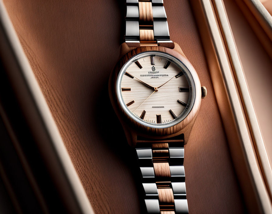 Rose Gold Case Wristwatch with White Dial and Two-Tone Bracelet on Creamy Brown Surface