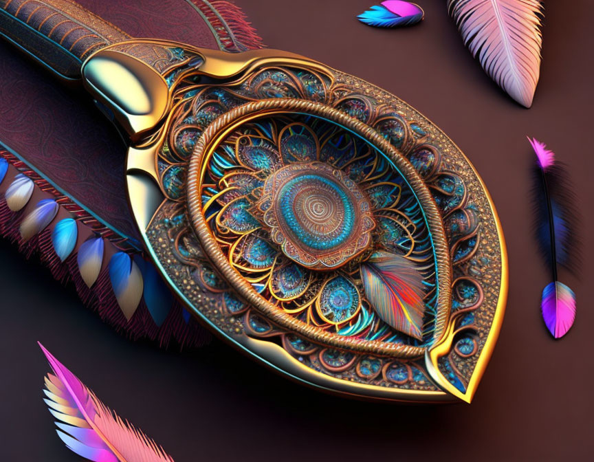 Intricate metallic eye-shaped object with colorful feathers on dark background