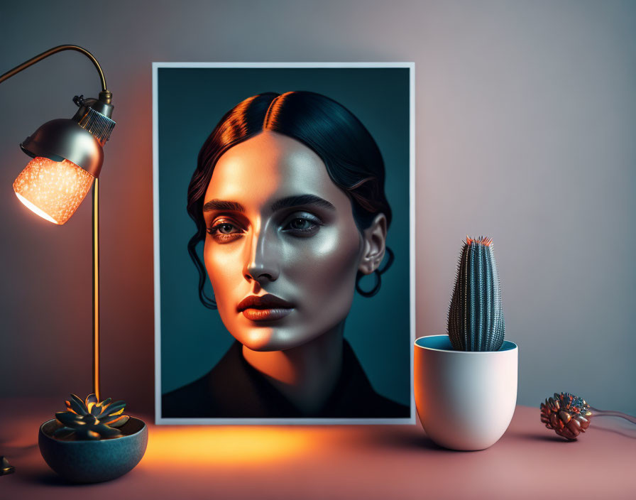 Portrait of serene woman with cactus and lamp on desk