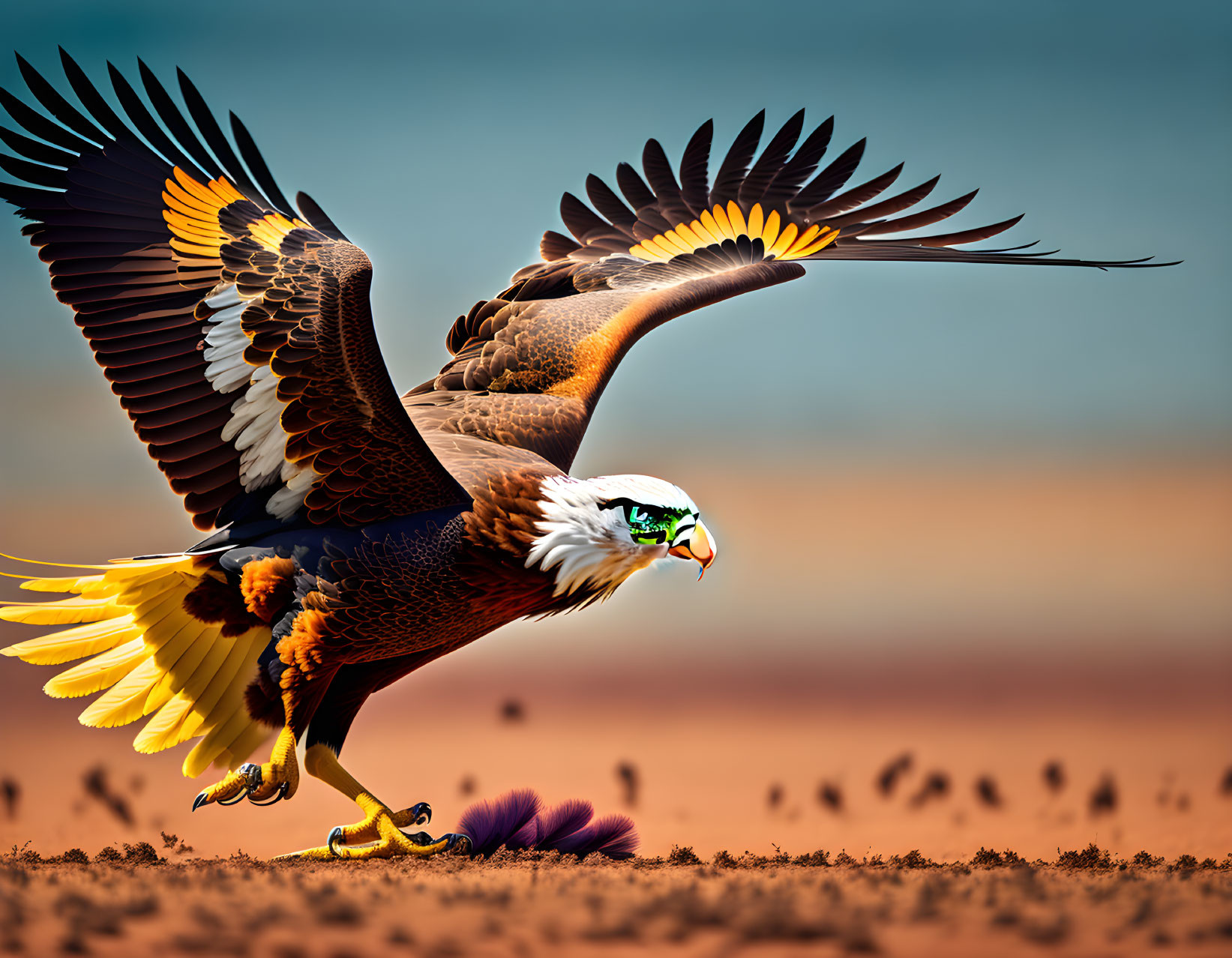 Detailed depiction of majestic eagle with spread wings and vibrant plumage.