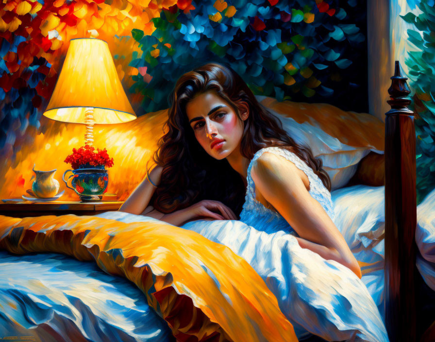 Woman in white dress on bed with orange blanket, lamp, flowers, colorful foliage