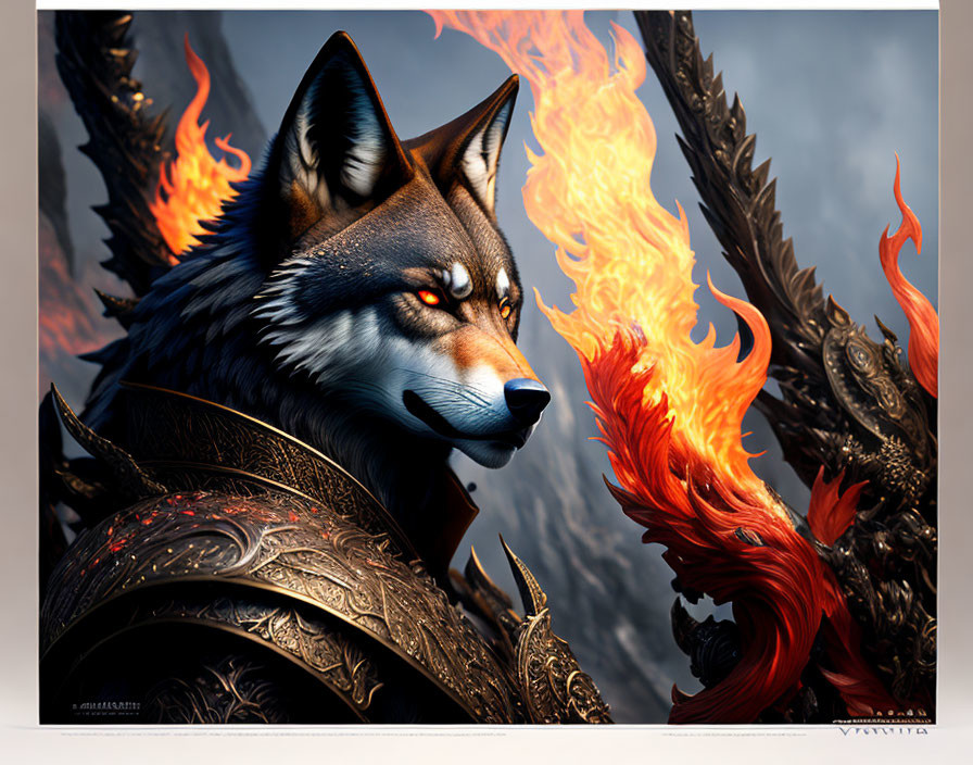 Stylized wolf in ornate armor with fiery background.