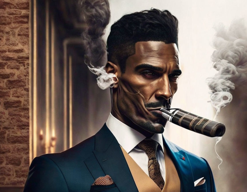 Stylized image of man in suit with beard smoking cigar