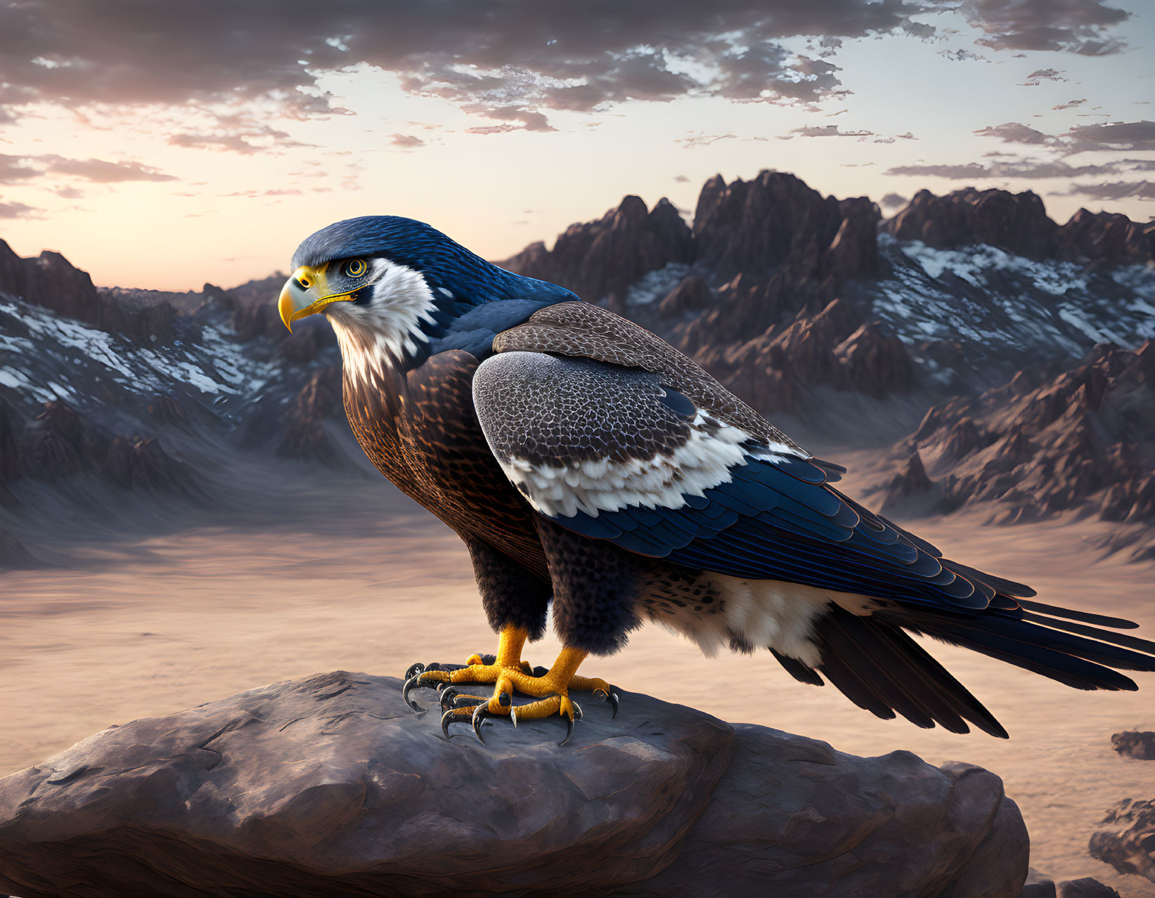 Majestic eagle perched on rock with mountain backdrop at sunset