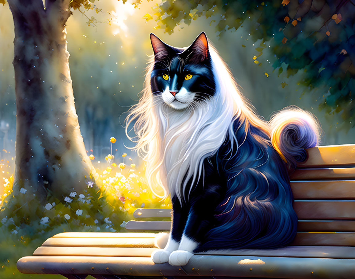 Long-Haired Black and White Cat with Blue Eyes on Park Bench in Forest