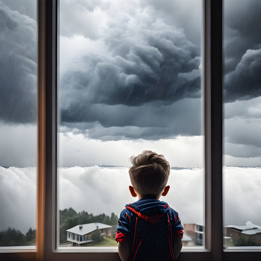 Child with backpack gazes at stormy sky over suburban landscape