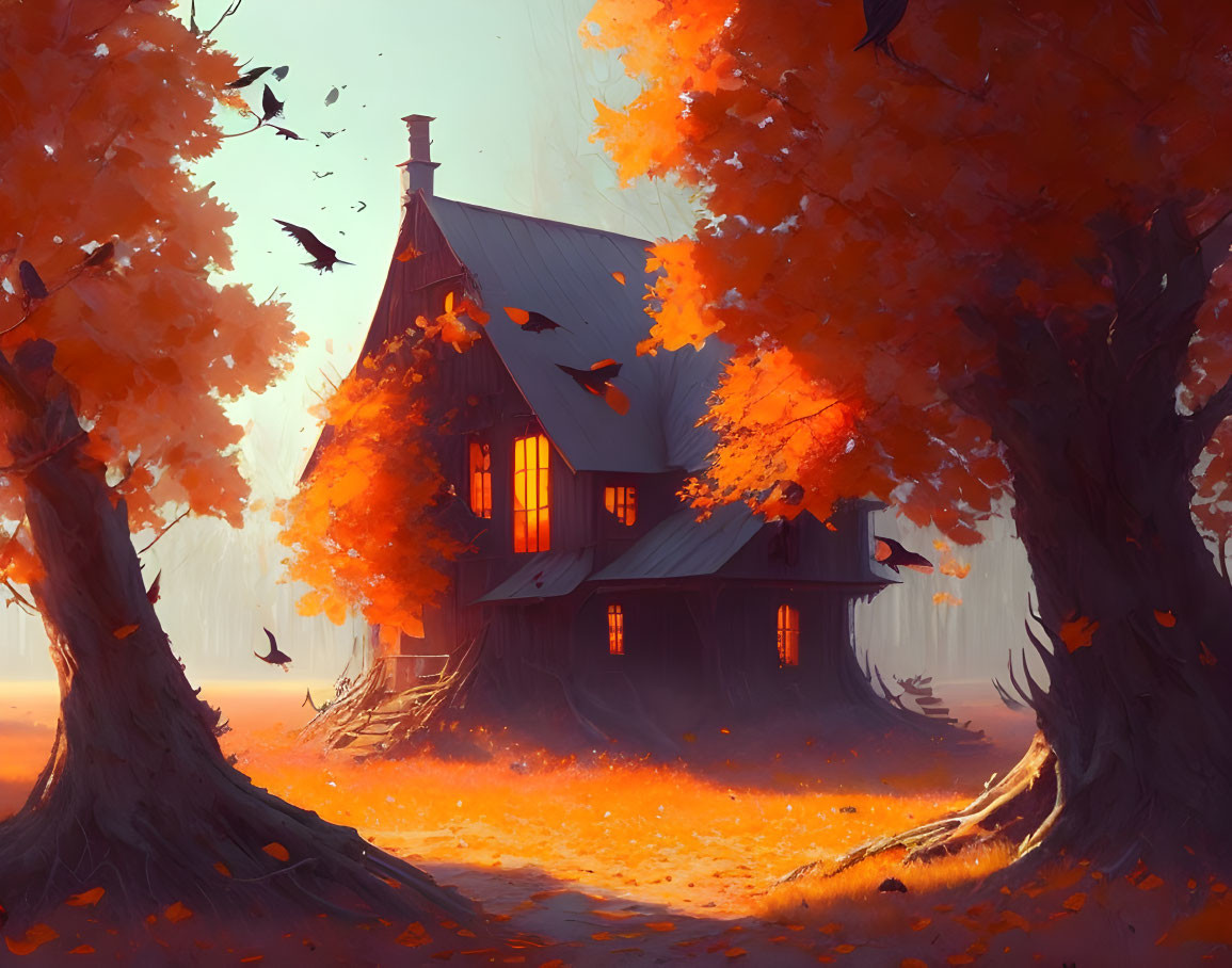 Cozy house surrounded by giant autumn trees and flying birds