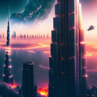 Futuristic cityscape at dusk: towering skyscrapers, glowing windows, jets in pink sky