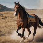 Majestic brown horse in intricate armor galloping across sandy landscape