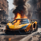 Burning golden sports car with armor plating design in urban setting