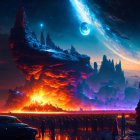 Alien planet with spaceships, beings, and fiery explosions