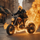 Custom motorcycle rider in black suit with golden helmet on fiery wheels through autumn forest.