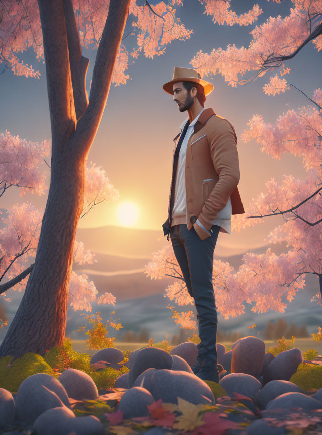 Stylish man in hat by tree among pink flowers at sunset