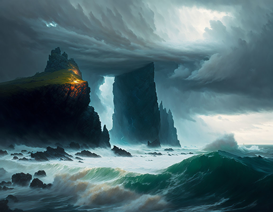 Stormy Seascape with Rocky Cliff, Beacon, and Sea Stack