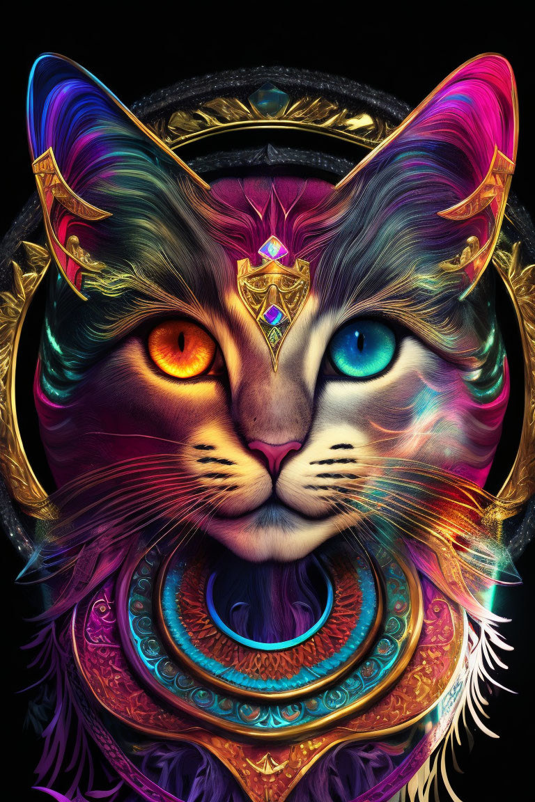 Split visage cat digital artwork with vibrant gold and blue colors and mystical crown