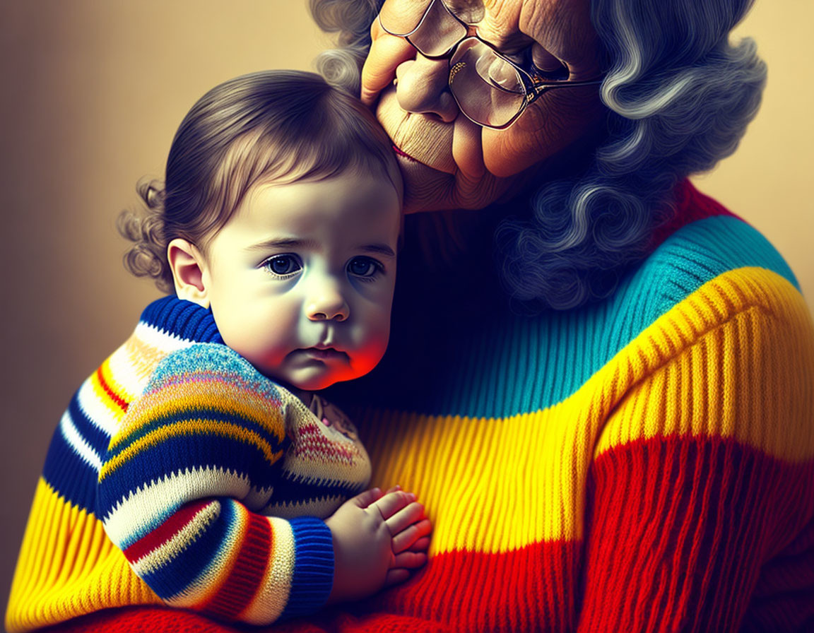 Elderly woman holding baby in colorful knitwear portrait