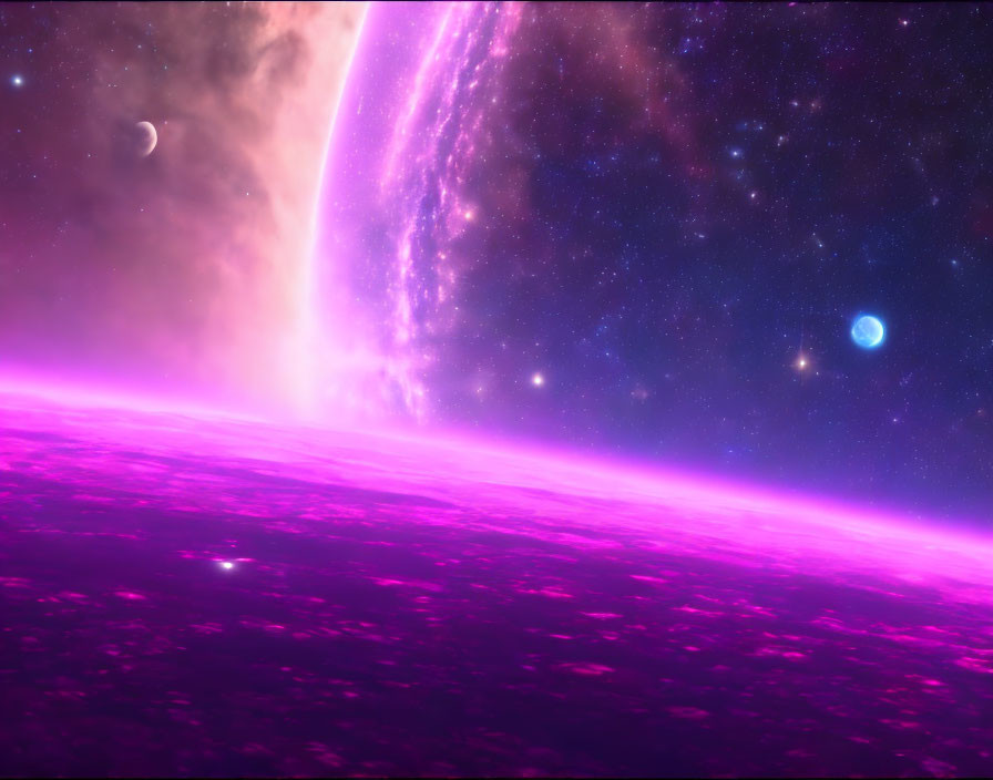 Colorful cosmic scene with pink and purple nebula, stars, crescent moon, and planet