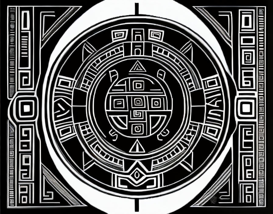 Symmetrical black and white tribal geometric pattern with concentric circles on squared background