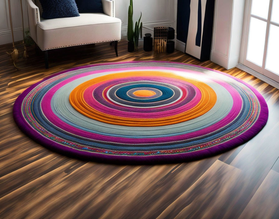 Vibrant Circular Rug with Concentric Patterns on Wooden Floor