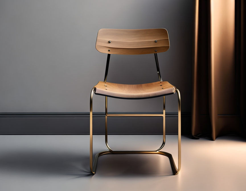 Sleek Metal Frame Chair with Wooden Seat on Reflective Surface