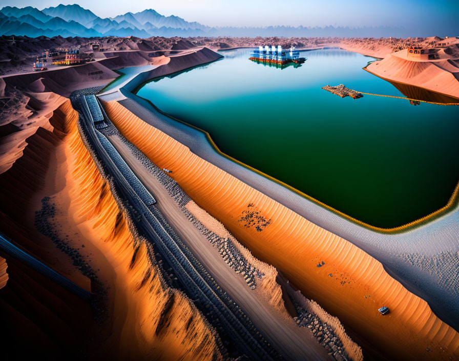 Winding River Through Desert with Sand Dunes and Buildings