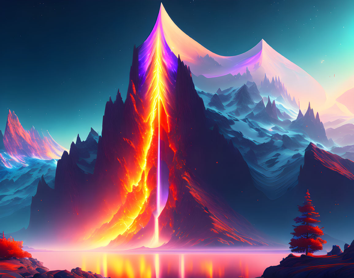 Digital Art: Fiery Peak in Icy Mountains by Starlit Lake